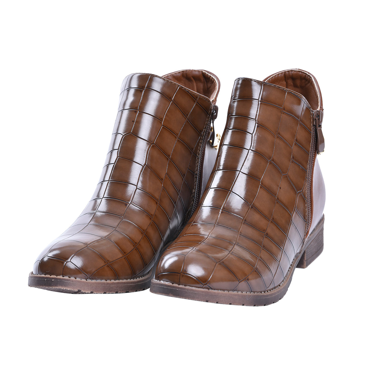LA MAREY Croc Embossed Pattern Chain Detail Women's Ankle Boots - Brown 7597861 0