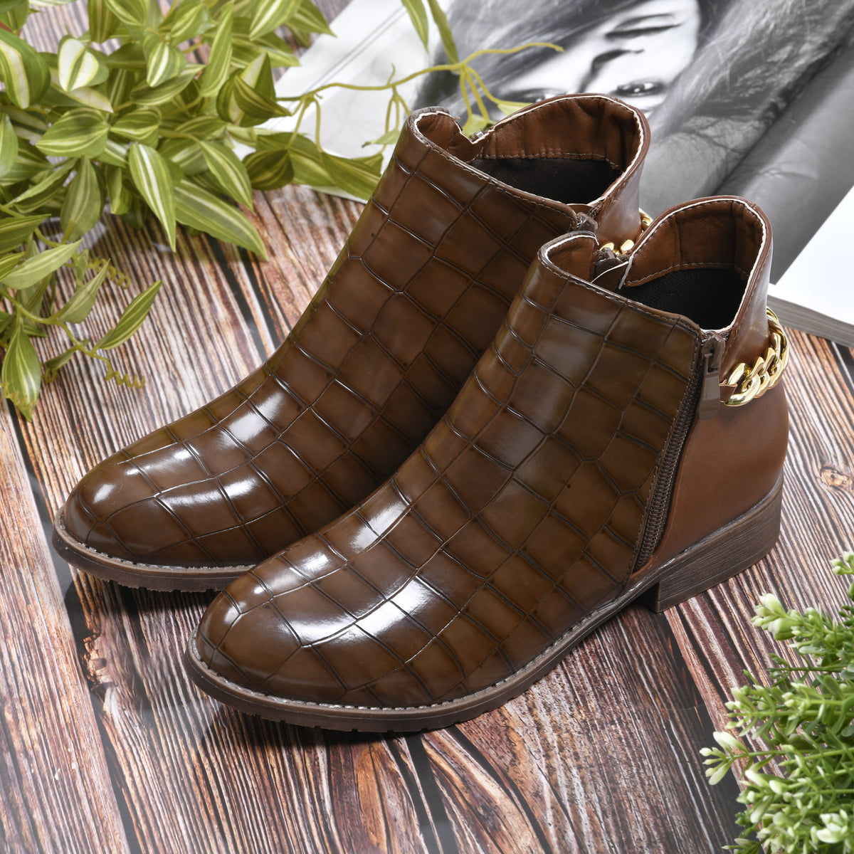 LA MAREY Croc Embossed Pattern Chain Detail Women's Ankle Boots - Brown 7597861 2