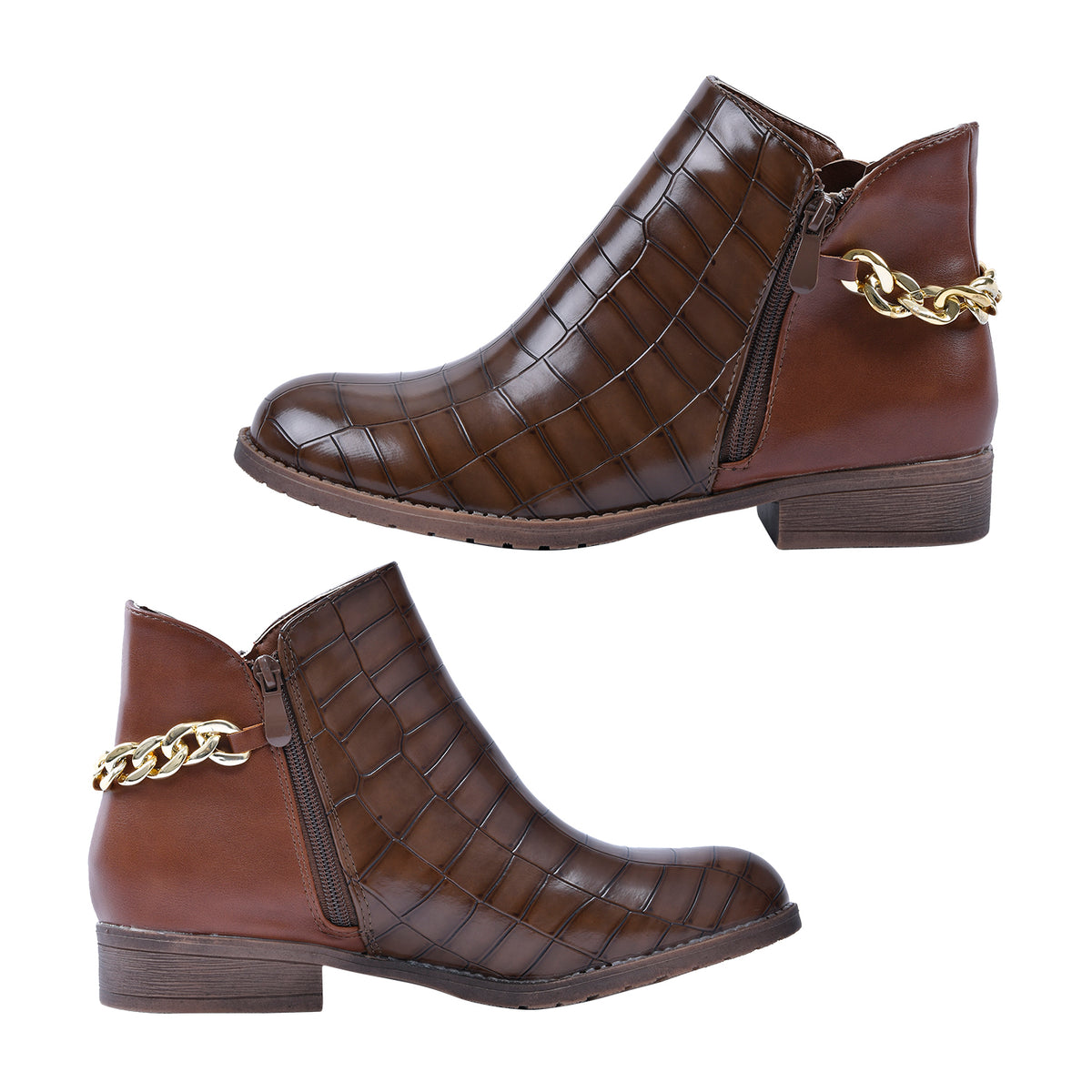 LA MAREY Croc Embossed Pattern Chain Detail Women's Ankle Boots - Brown 7597861 3