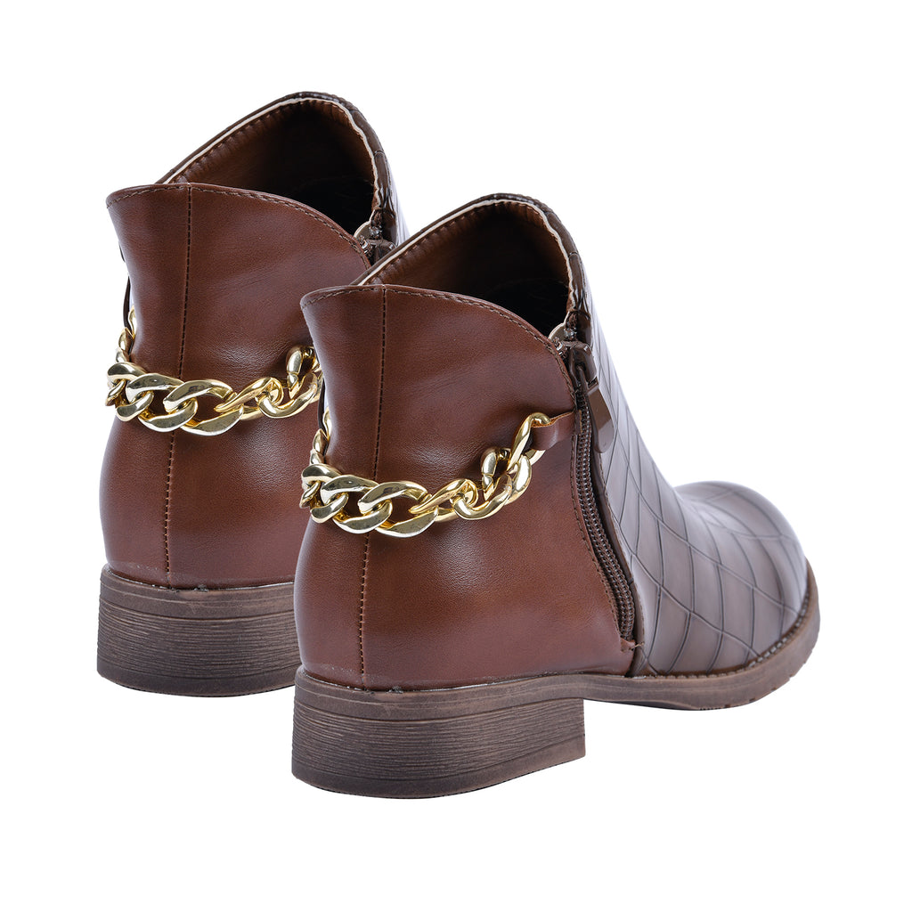 Croc Embossed Pattern Curb Chain Detail Ankle Boots (Size 3) - Brown_7597861_4