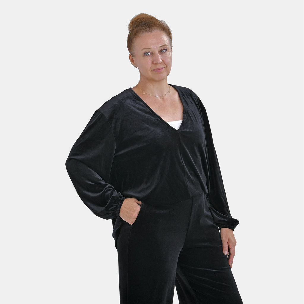 Luxury Velvet V-Neck Blouse (One Size Curve) - Black_7598981_2