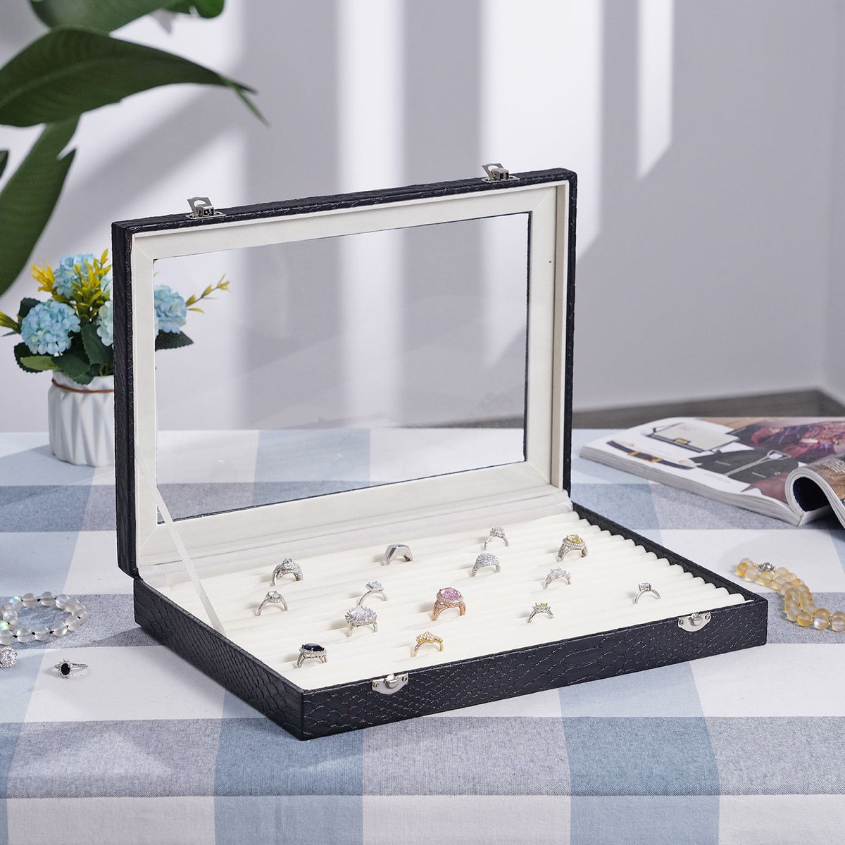 Dragon Skin Pattern 150-Slot Anti Tarnish Lining Ring Box with Glass Window (35x24x5.5cm) - Black V32519107 2
