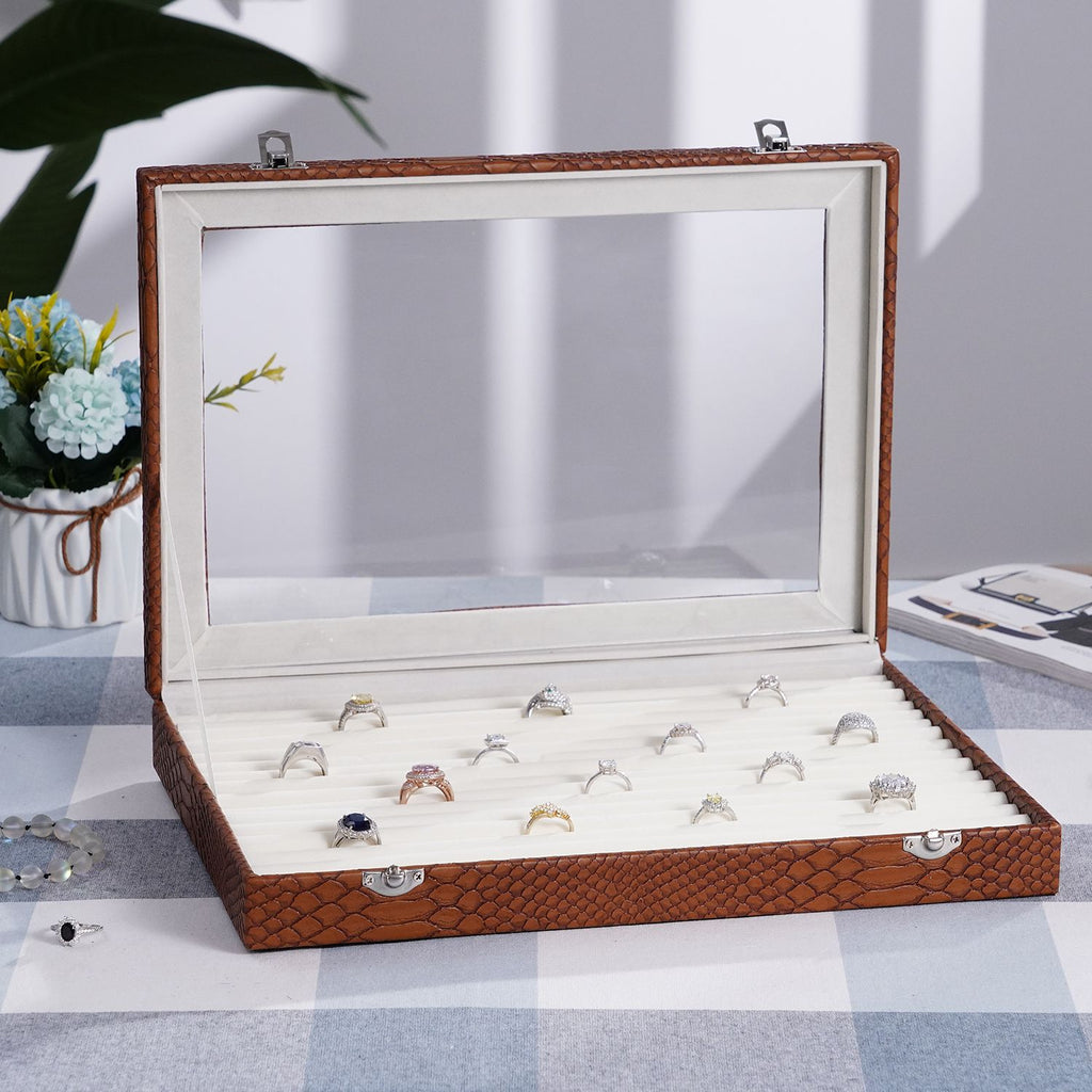 Dragon Skin Pattern 150-Slot Anti Tarnish Lining Ring Box with Glass Window (35x24x5.5cm) - Light Brown_7601634_1