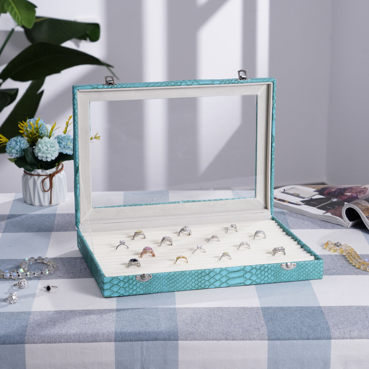 Dragon Skin Pattern 150-Slot Anti Tarnish Lining Ring Box with Glass Window (35x24x5.5cm) - Aqua Blue V32517499 0
