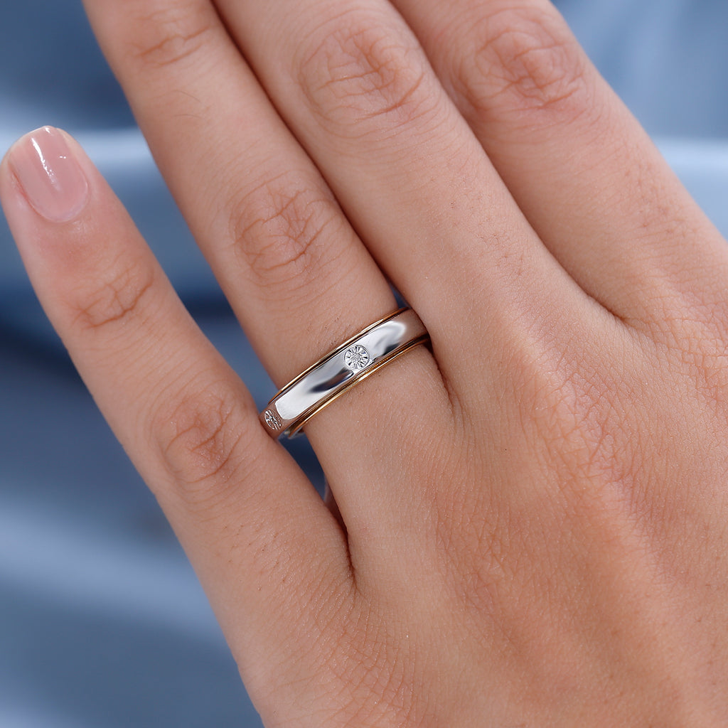 Natural White Diamond Spinner Band Ring with 5 diamonds in Platinum & 18K Vermeil Yellow Gold Plated Sterling Silver, Silver Wt. 6.51 Gms._7607779_2