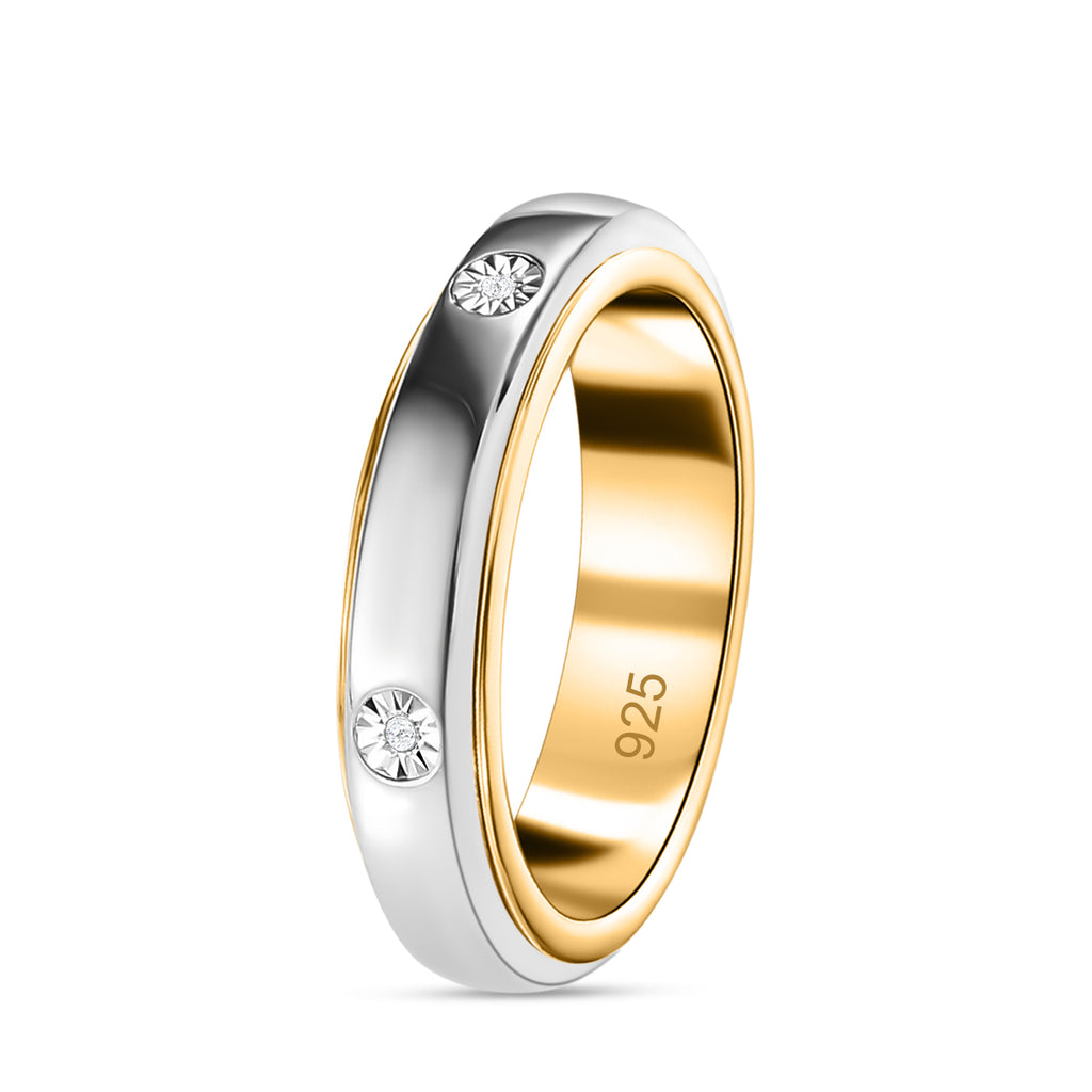Natural White Diamond Spinner Band Ring with 5 diamonds in Platinum & 18K Vermeil Yellow Gold Plated Sterling Silver, Silver Wt. 6.51 Gms._7607779_3