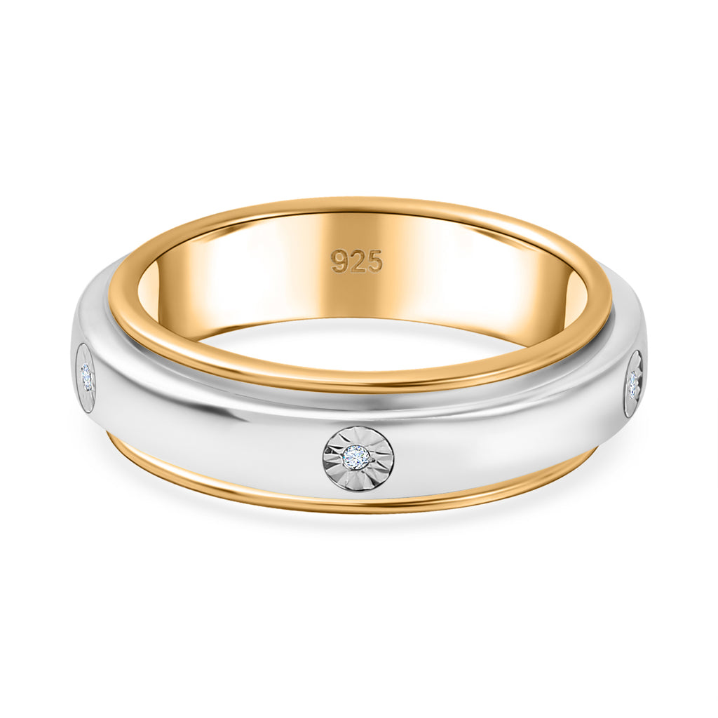 Natural White Diamond Spinner Band Ring with 5 diamonds in Platinum & 18K Vermeil Yellow Gold Plated Sterling Silver, Silver Wt. 6.51 Gms._7607784