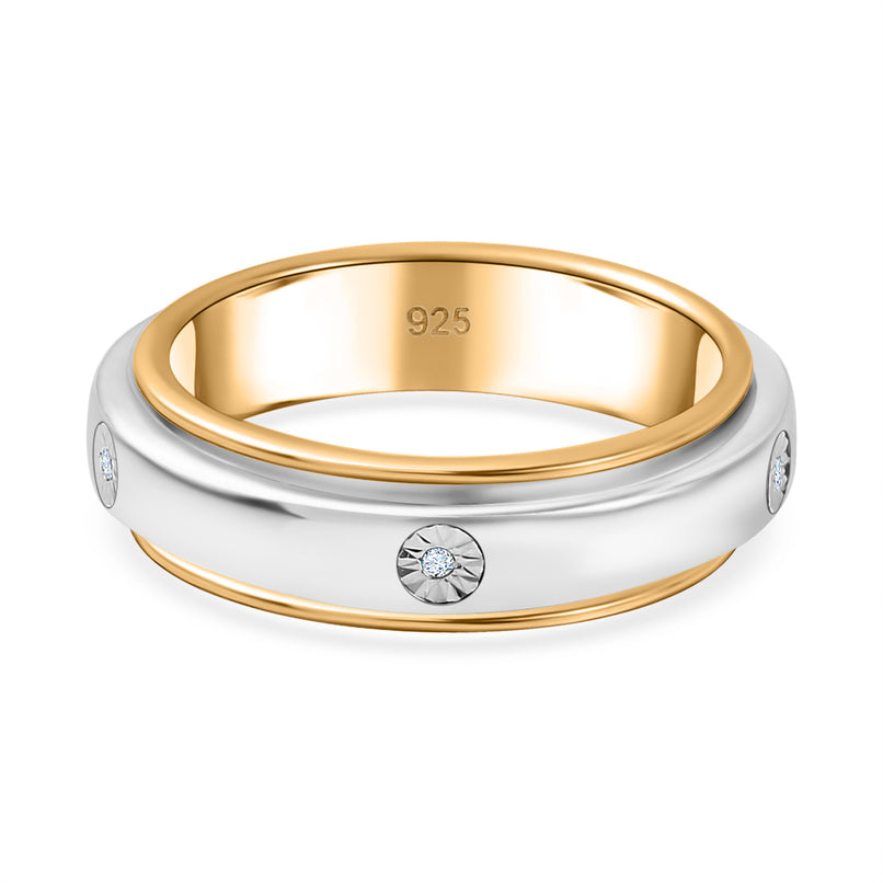 Natural White Diamond Spinner Band Ring with 5 diamonds in Platinum & 18K Vermeil Yellow Gold Plated Sterling Silver, Silver Wt. 6.51 Gms._7607786
