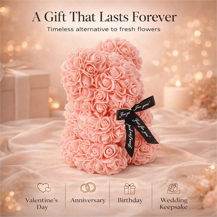 Handcrafted Faux Rose Flower Bear with Bow V32659670 2