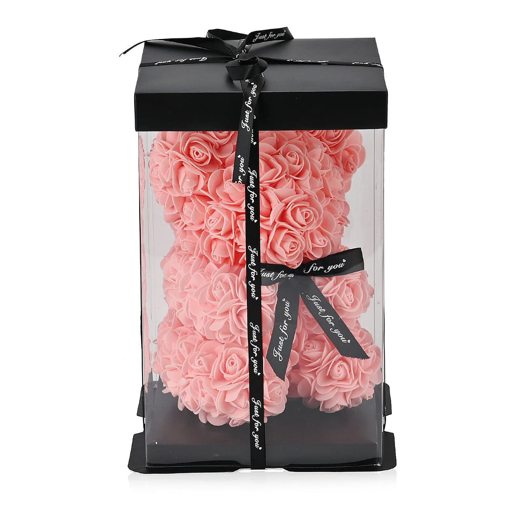 Valentine Deal-Handcrafted Faux Rose Flower Bear with Bow - Light Pink