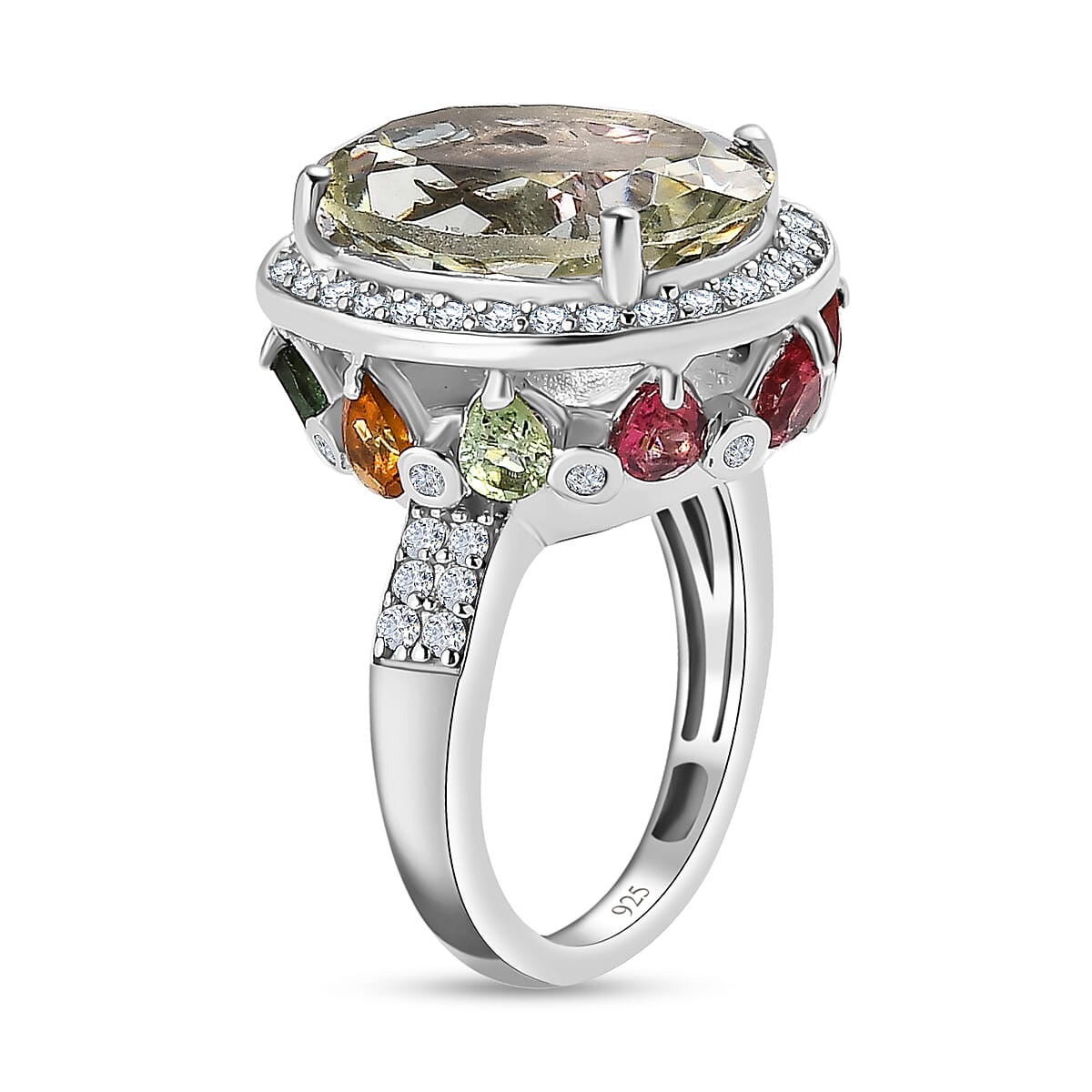 Prasiolite, Multi-Tourmaline &amp; Natural Zircon Ring in Platinum Overlay Sterling Silver 11.38 Ct, Silver Wt. 5.26 Gms. 7615838 3