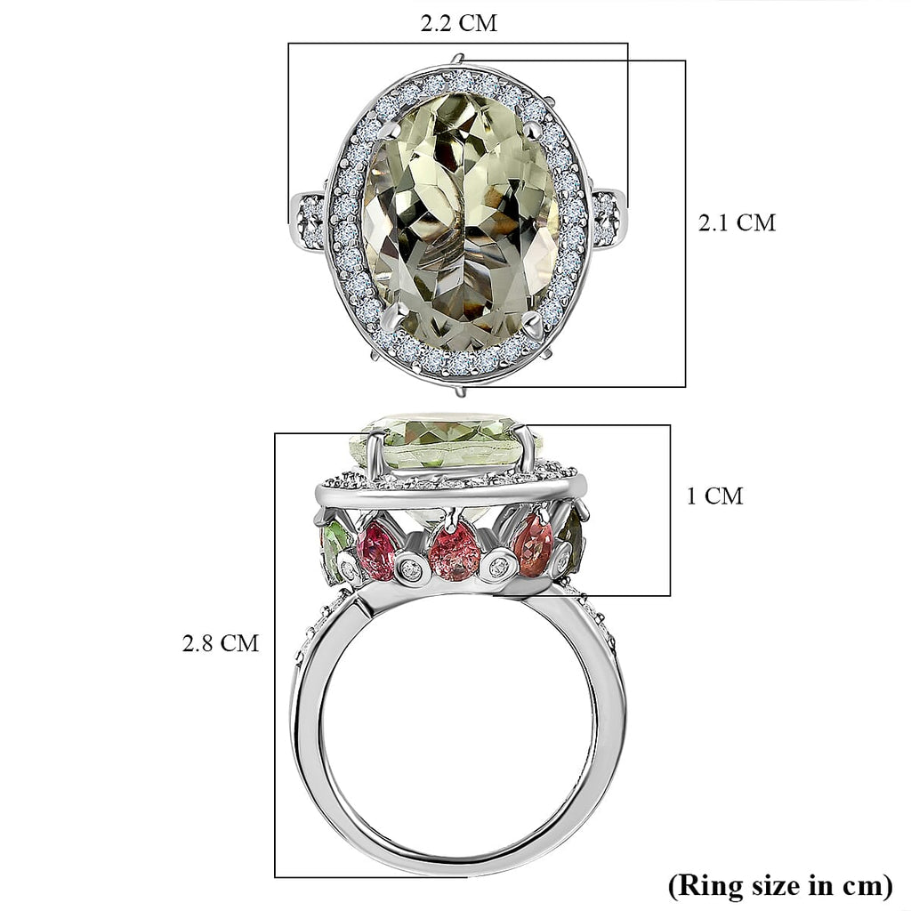 Prasiolite, Multi-Tourmaline & Natural Zircon Ring in Platinum Overlay Sterling Silver 11.38 Ct, Silver Wt. 5.26 Gms._7615838_5