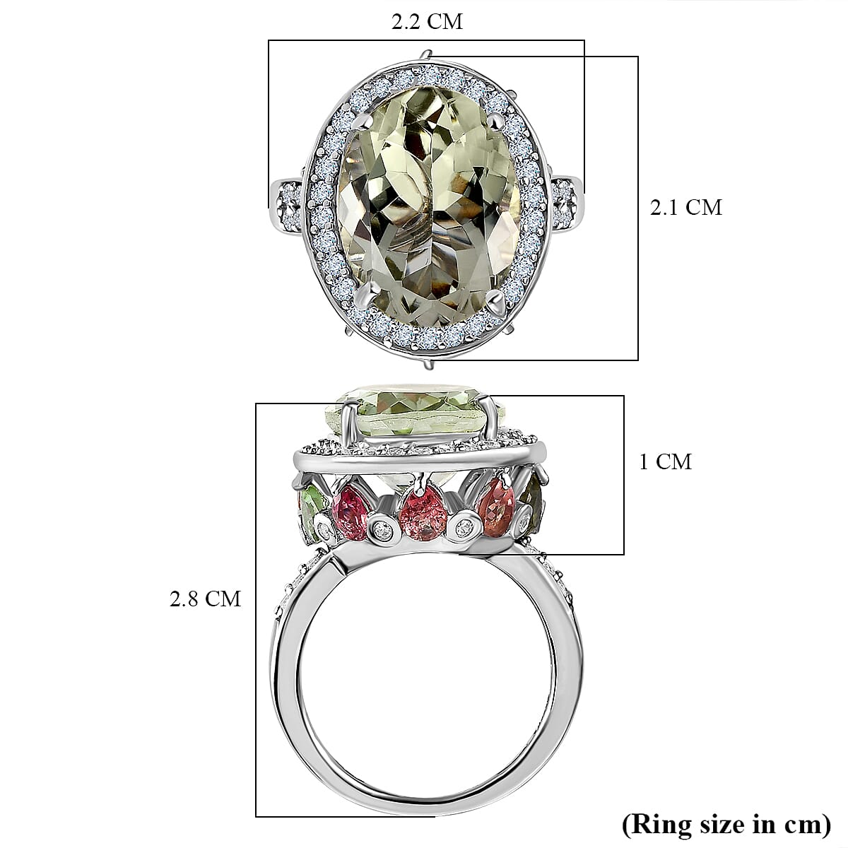 Prasiolite, Multi-Tourmaline &amp; Natural Zircon Ring in Platinum Overlay Sterling Silver 11.38 Ct, Silver Wt. 5.26 Gms. 7615838 5
