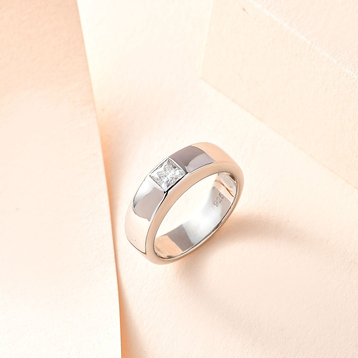 D'Joy Moissanite Solitaire Band Ring in Platinum Overlay Sterling Silver V32519955 2