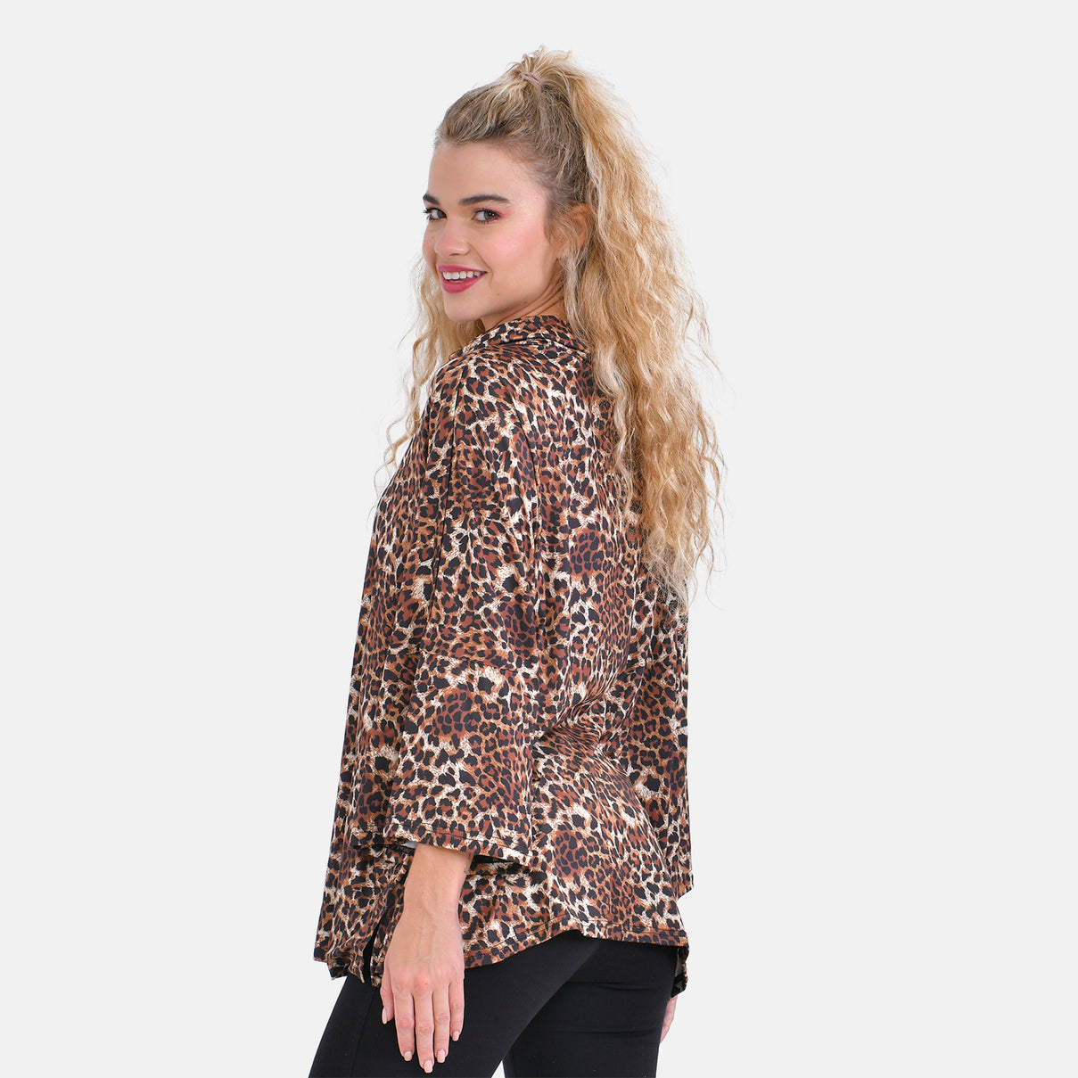 Leopard Print Stretchable Jersey Top with Stacked Collar (One Size Curve 20-26) - Beige V32516522 2