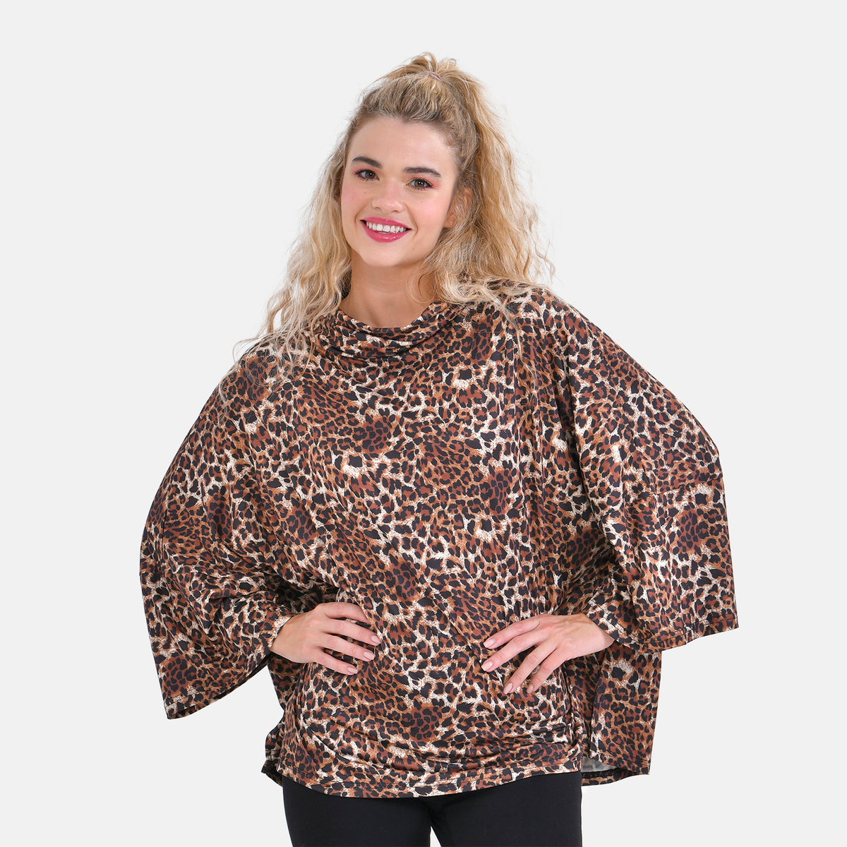 Leopard Print Stretchable Jersey Top with Stacked Collar (One Size Curve 20-26) - Beige V32516522 4