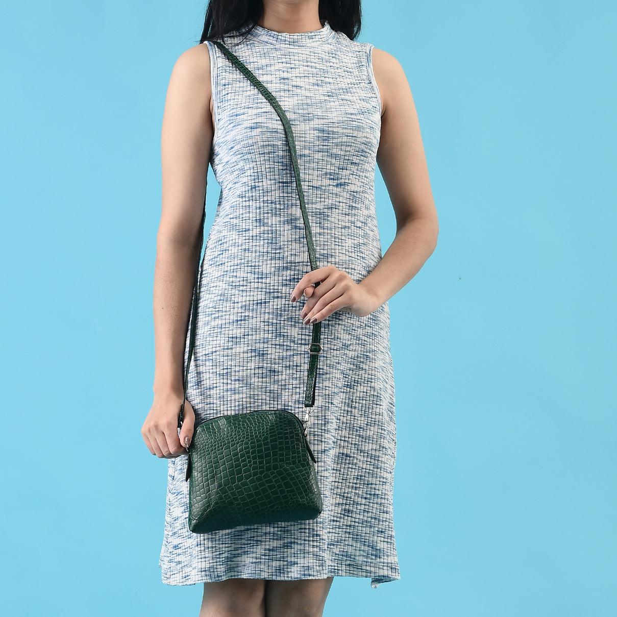 Genuine Leather Croc Embossed Crossbody Bag - Green V32528740 2