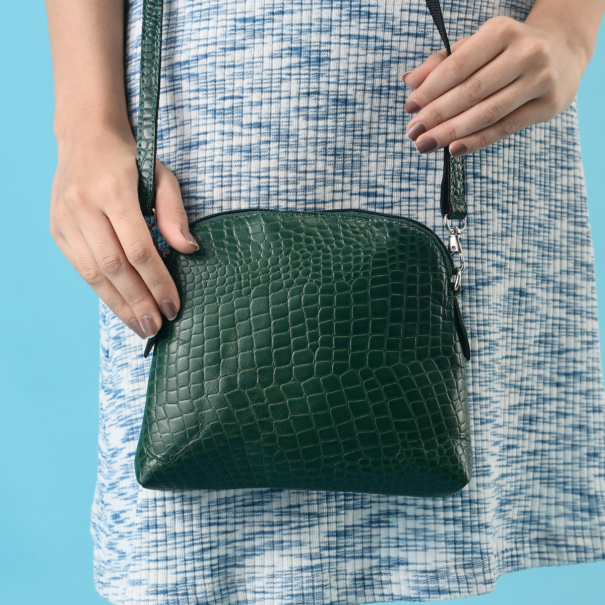 Genuine Leather Croc Embossed Crossbody Bag - Green V32528740 3