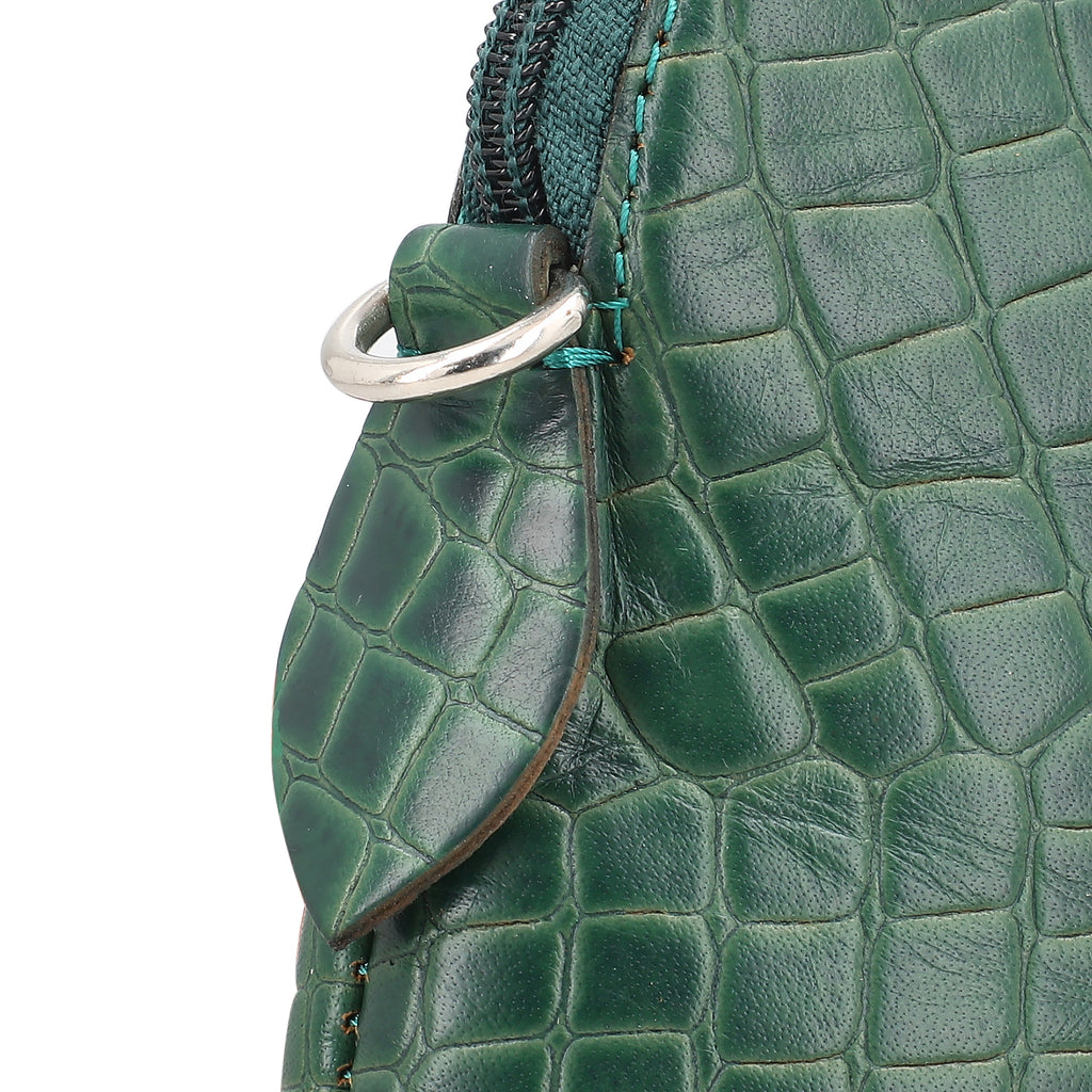 Genuine Leather Croc Embossed Crossbody Bag - Green_7617856_6