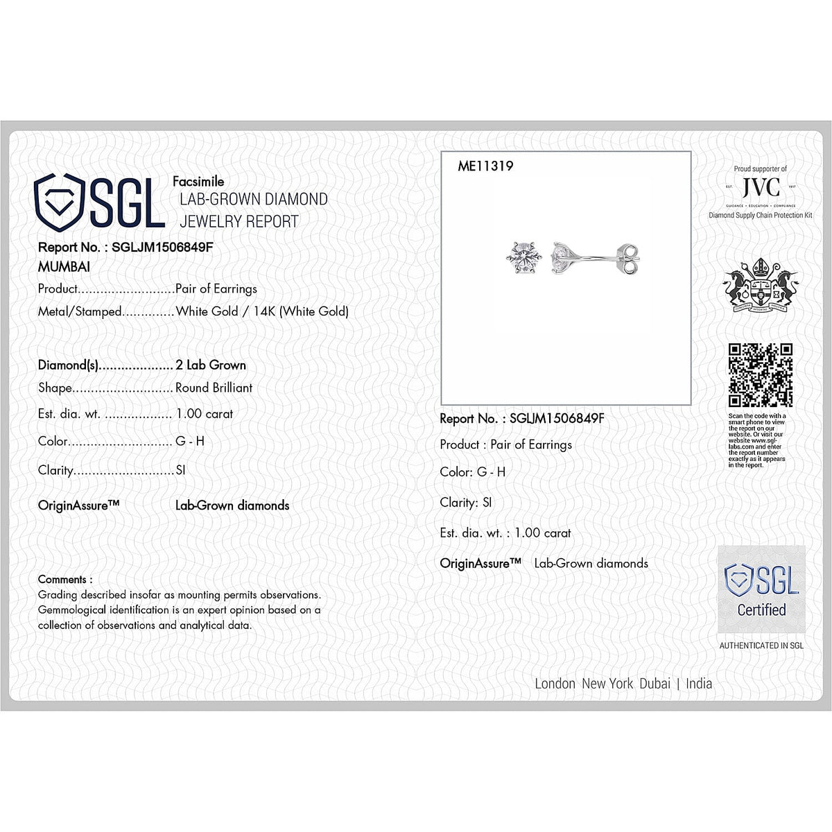 LUXURIANT 1 Ct. Lab Grown Diamond  Earring with Push Back in 14K White Gold SGL Certified V32529750 8
