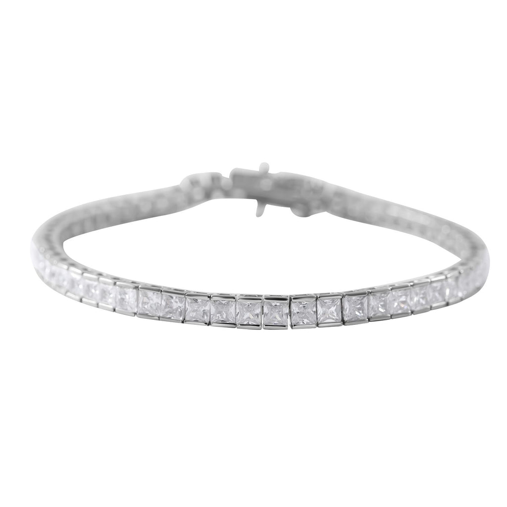 One Time Deal - White Cubic Zirconia Princess Cut Bracelet (Size - 8) with GB Lock Box in Rhodium Overlay Sterling Silver 15.70 Ct, Silver Wt. 11.44 Gms._7625847