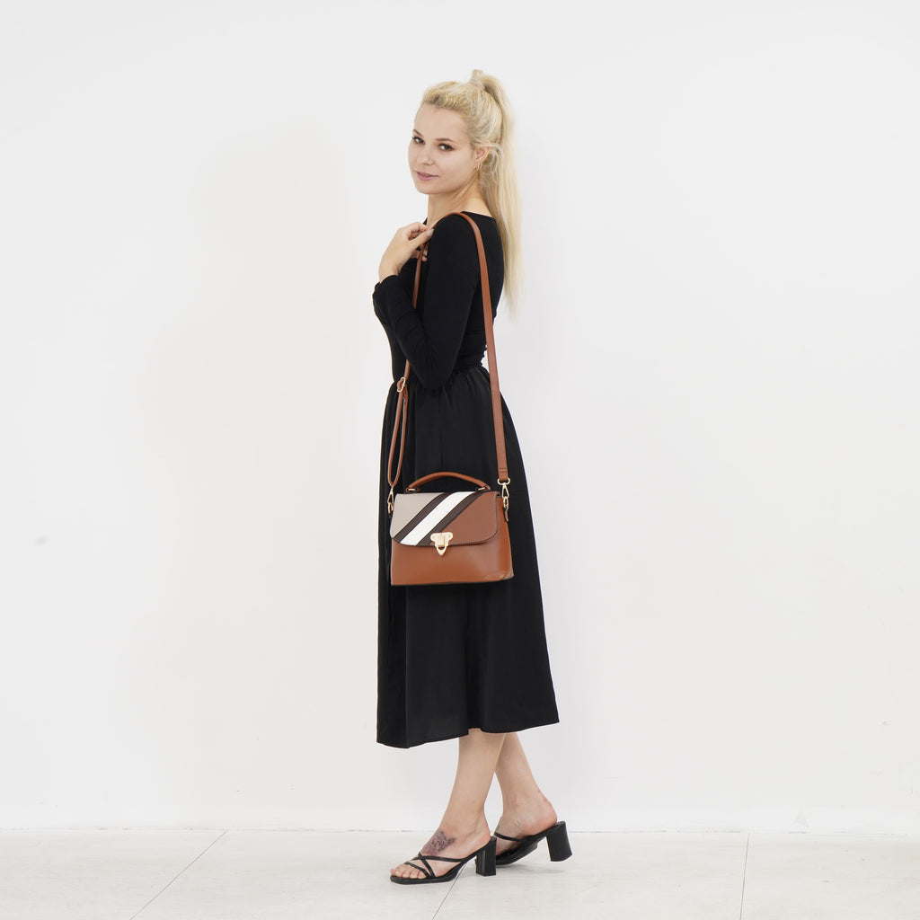 Elegant Patchwork Leatherette Crossbody Bag - Tan_7631366_1