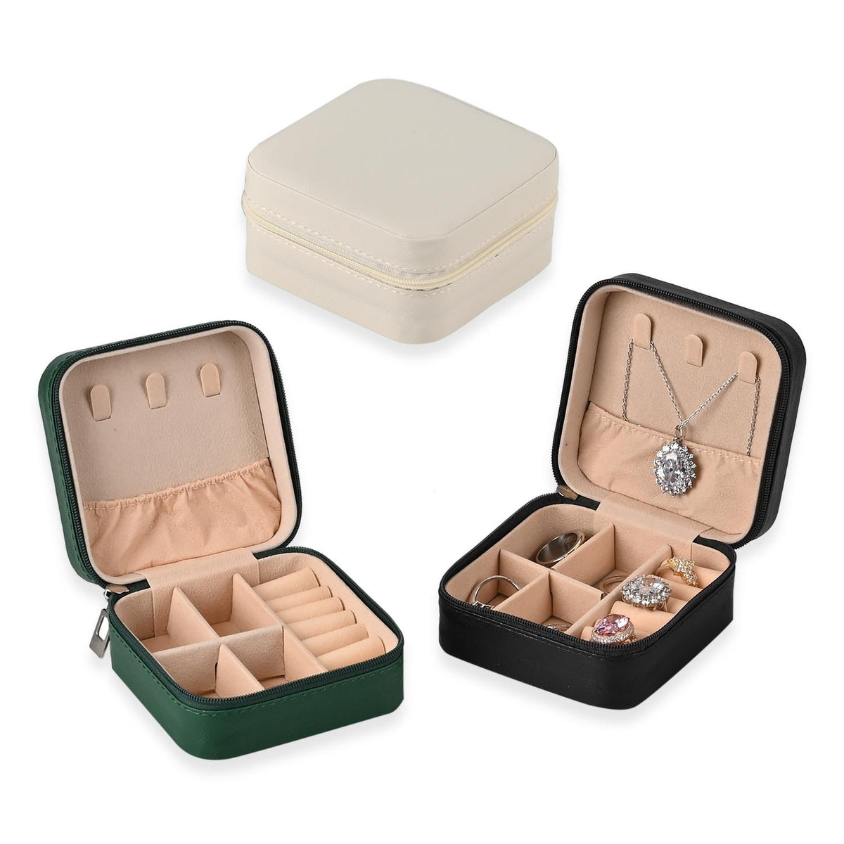 Set of 3 Jewellery Box With Soft Velvet Interior &amp; 3 Hooks (Size 10x10x5 cm) - Black, White &amp; Green 7632745 0