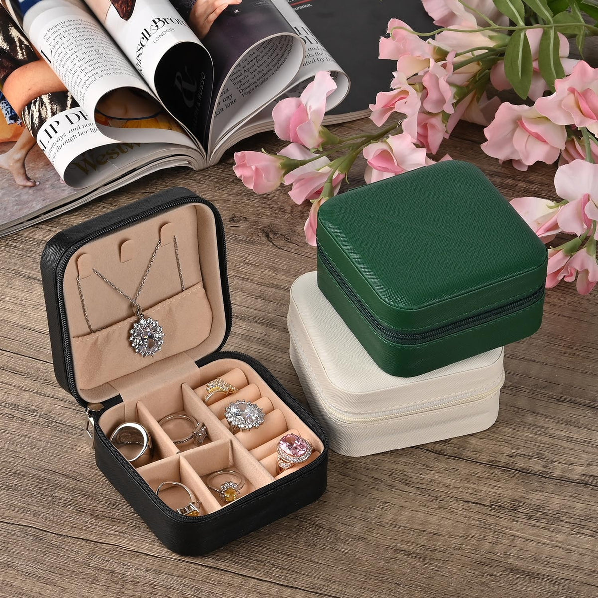 Set of 3 Jewellery Box With Soft Velvet Interior &amp; 3 Hooks (Size 10x10x5 cm) - Black, White &amp; Green 7632745 2