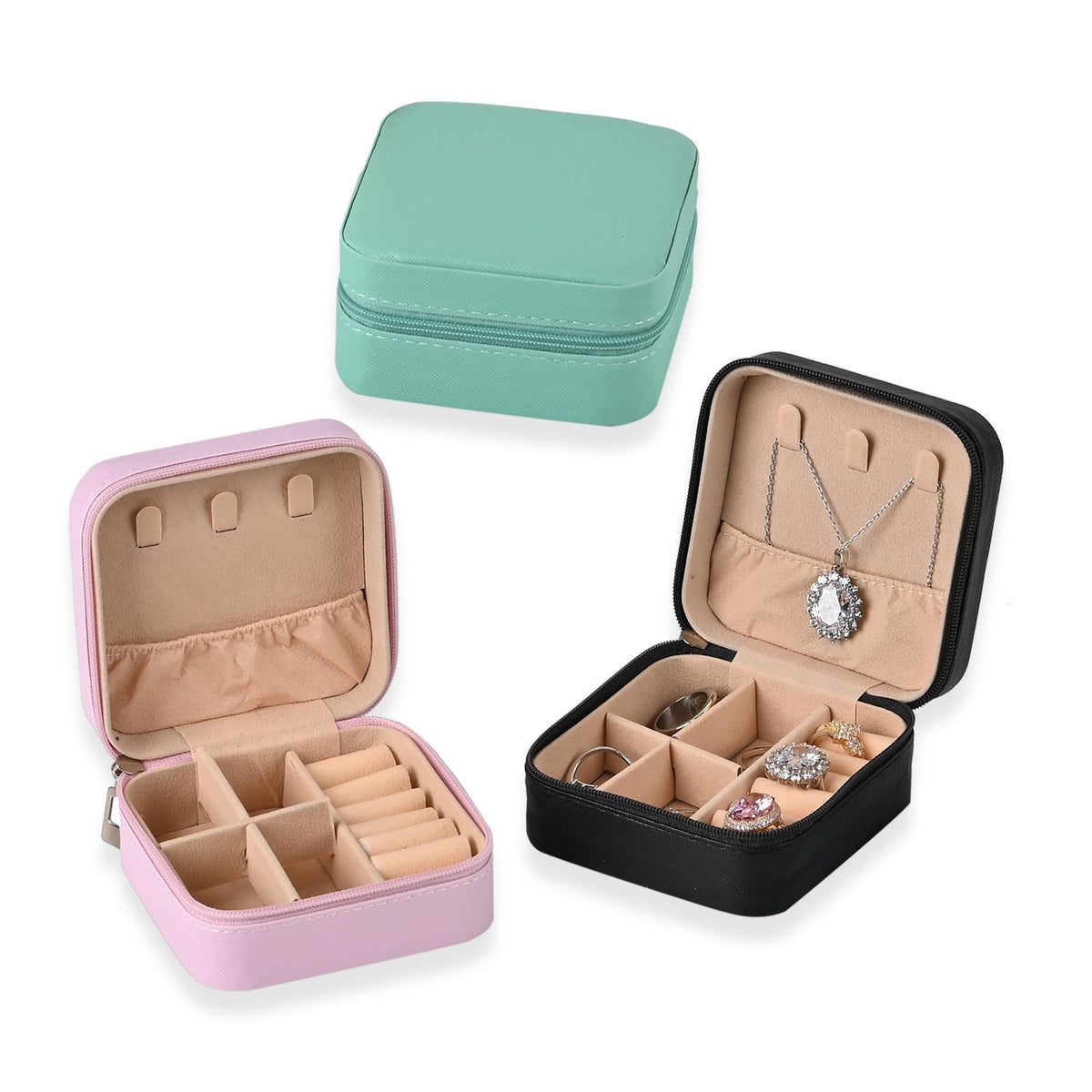 Total Vision - Set of 3 Leatherette Jewellery Box With Soft Velvet Interior &amp; 3 Hooks (Size 10x10x5 cm) - Pink, Mint Green &amp; Black V32705921 0