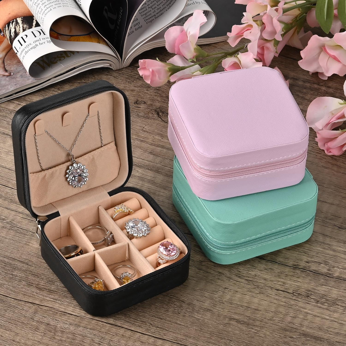 Total Vision - Set of 3 Leatherette Jewellery Box With Soft Velvet Interior &amp; 3 Hooks (Size 10x10x5 cm) - Pink, Mint Green &amp; Black V32705921 2