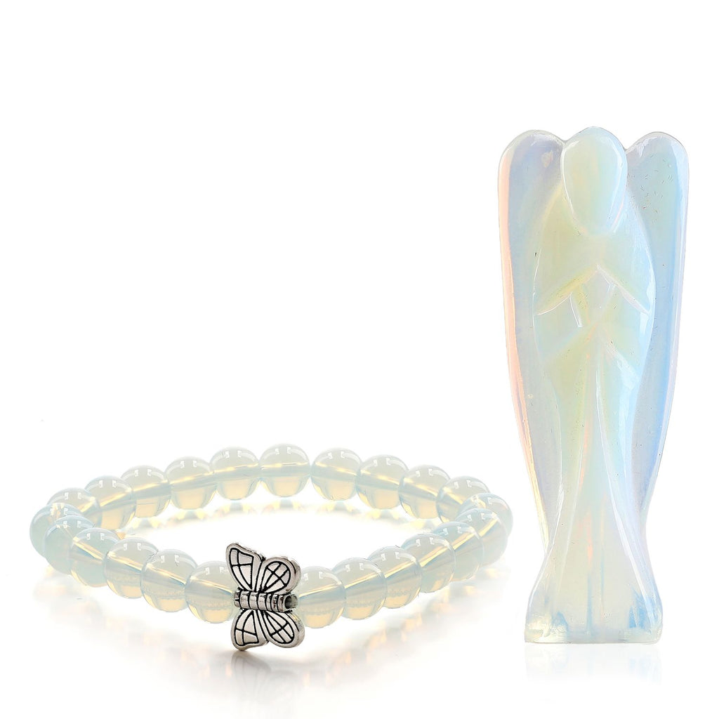 Handcarved Opalite Guardian Angel Figurine Sculpture (Size 8 Cm) & Butterfly Stretchable Bracelet Presented in Velvet Pouch With Gift Card_7638770