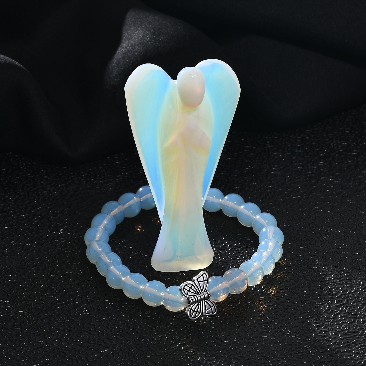 Handcarved Opalite Guardian Angel Figurine Sculpture (Size 8 Cm) &amp; Butterfly Stretchable Bracelet Presented in Velvet Pouch With Gift Card 7638770 1