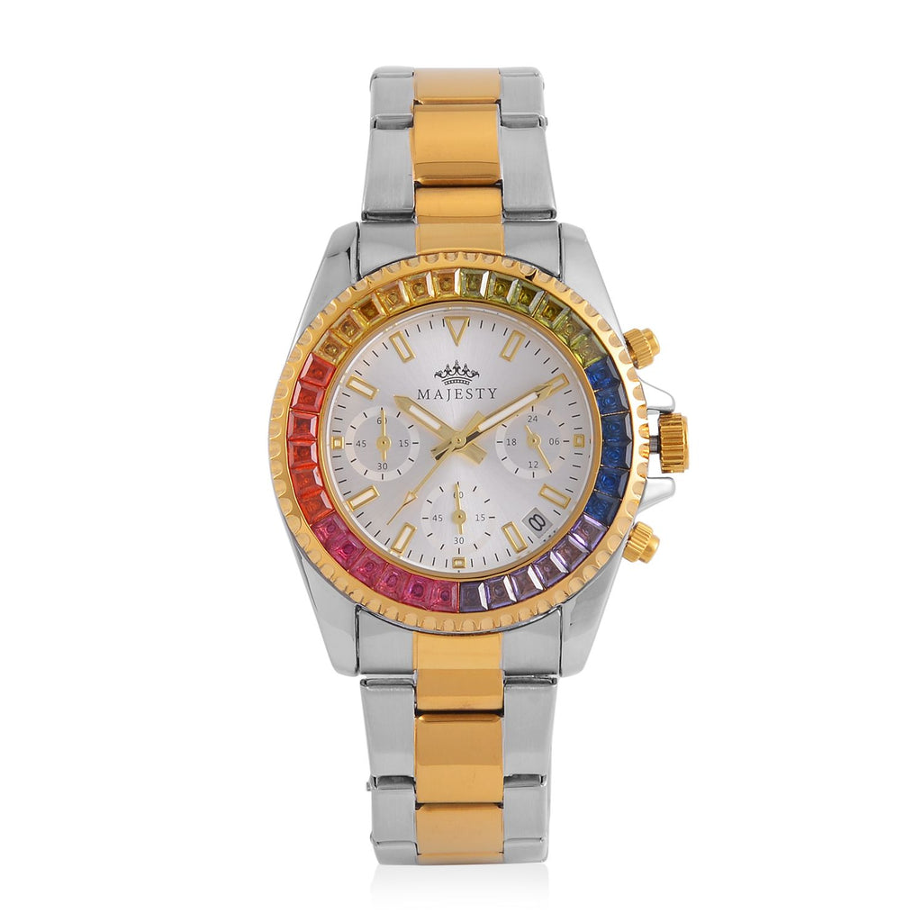 MAJESTY Multi Function Chronograph Movt. Multi Colour Cubic Zirconia Studded Water Resistant Watch in Two Tone Chain Strap_7644024