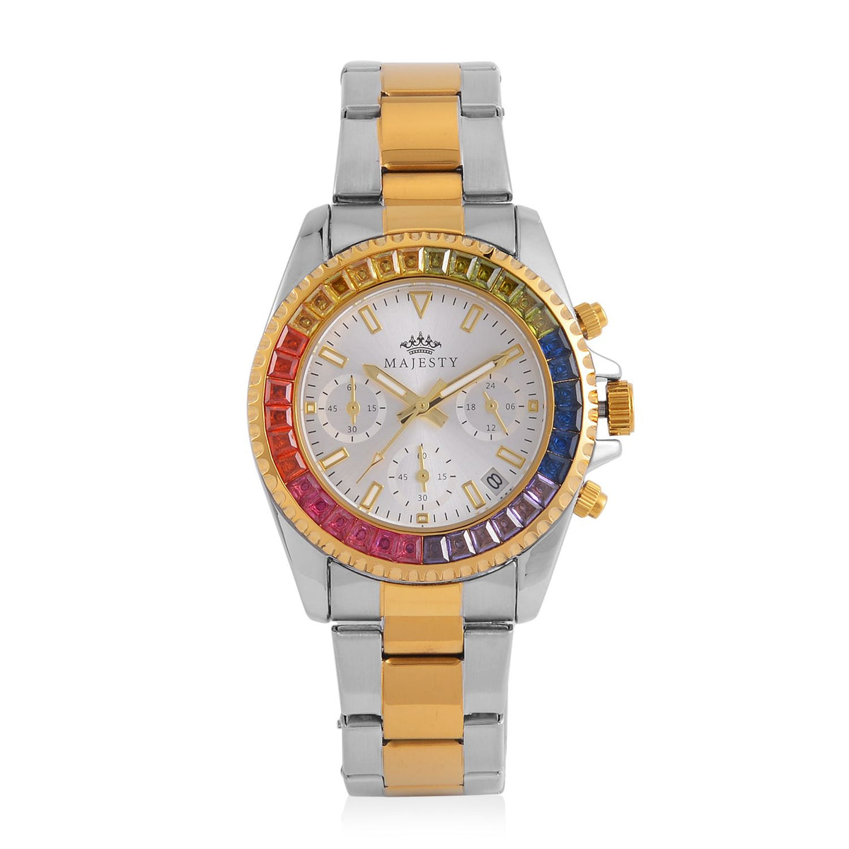 MAJESTY Limited Edition Multi-Function Multi Colour CZ White Dial 3 ATM Water Resistant Watch in Dual Tone With Gift Box 7644024 0