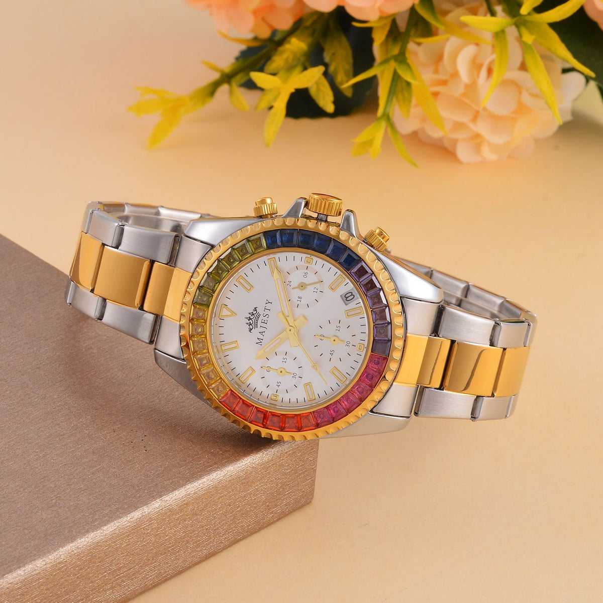 MAJESTY Limited Edition Multi-Function Multi Colour CZ White Dial 3 ATM Water Resistant Watch in Dual Tone With Gift Box 7644024 2