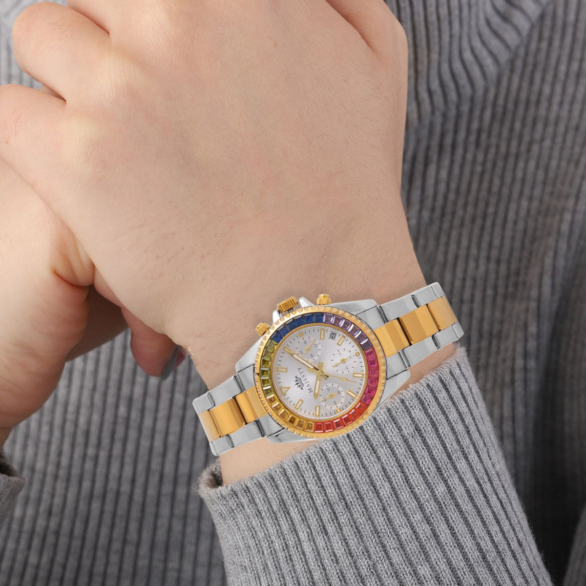 MAJESTY Limited Edition Multi-Function Multi Colour CZ White Dial 3 ATM Water Resistant Watch in Dual Tone With Gift Box 7644024 3