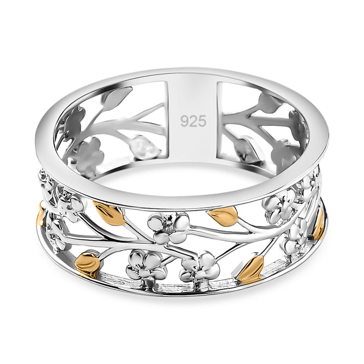 Diamond Floral and Leaf Wedding Band Ring in Dual Tone Plated Sterling Silver V32731886 1
