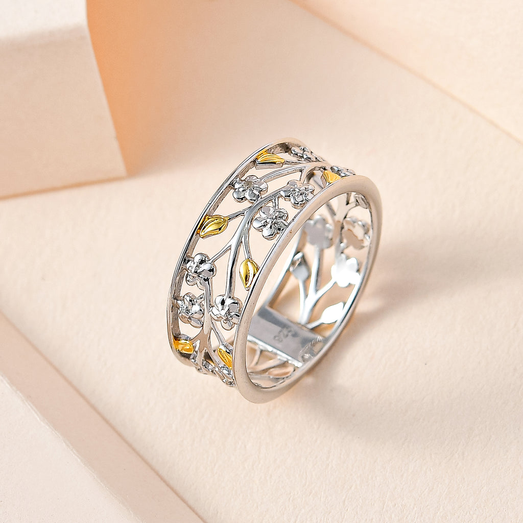 Diamond Floral & Leaf Band Ring in 18K Vermeil Yellow Gold Plated & Rhodium Overlay Sterling Silver_7647122_1