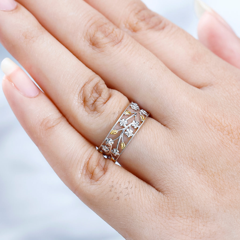Diamond Floral & Leaf Band Ring in 18K Vermeil Yellow Gold Plated & Rhodium Overlay Sterling Silver_7647122_2