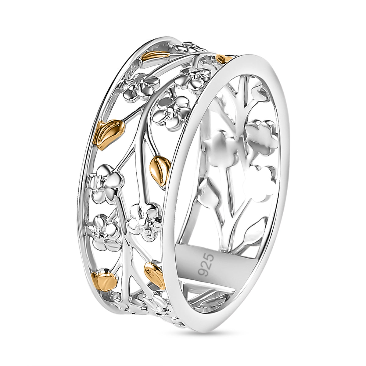 Diamond Floral and Leaf Wedding Band Ring in Dual Tone Plated Sterling Silver V32513168 3