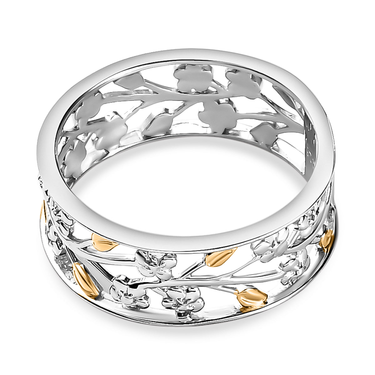 Diamond Floral and Leaf Wedding Band Ring in Dual Tone Plated Sterling Silver V32513168 4