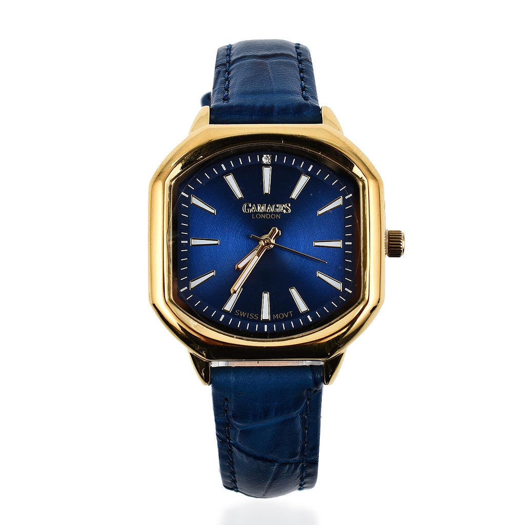 Gamages Of London Swiss Quartz Movement Water Resistant Ladies Viscountess Diamond Gold Navy Watch with Royal Blue Leather Bracelet_7648318