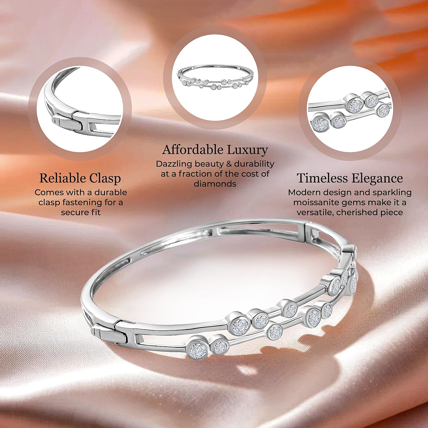 Moissanite Bubble Bangle (Size 7.5) in Platinum Overlay Sterling Silver 2.19 Ct, Silver Wt. 16.46 Gms. 7649678 5