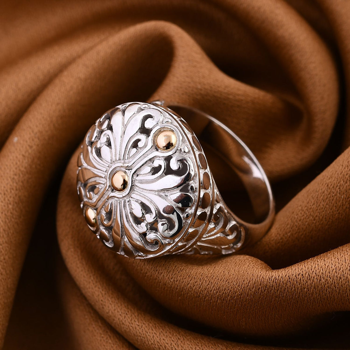 Royal Bali Iconic Collection - 18K Yellow Gold and Sterling Silver Filigree Ring, Silver Wt 8.80 GM 7654190 7