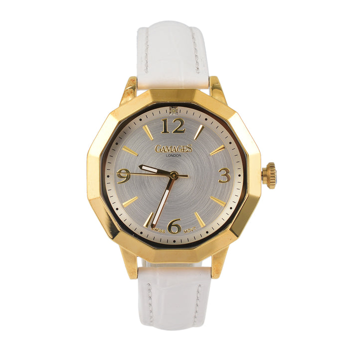 Gamages of London Ladies Dame Diamond Swiss Quartz Movement Water Resistant Watch with White Leather Strap in Gold Tone 7663859 1