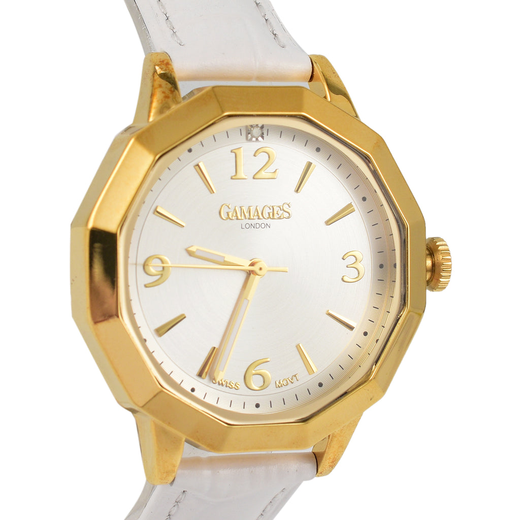 Gamages of London Ladies Dame Diamond Swiss Quartz Movement Water Resistant Watch with White Leather Strap in Gold Tone_7663859_3