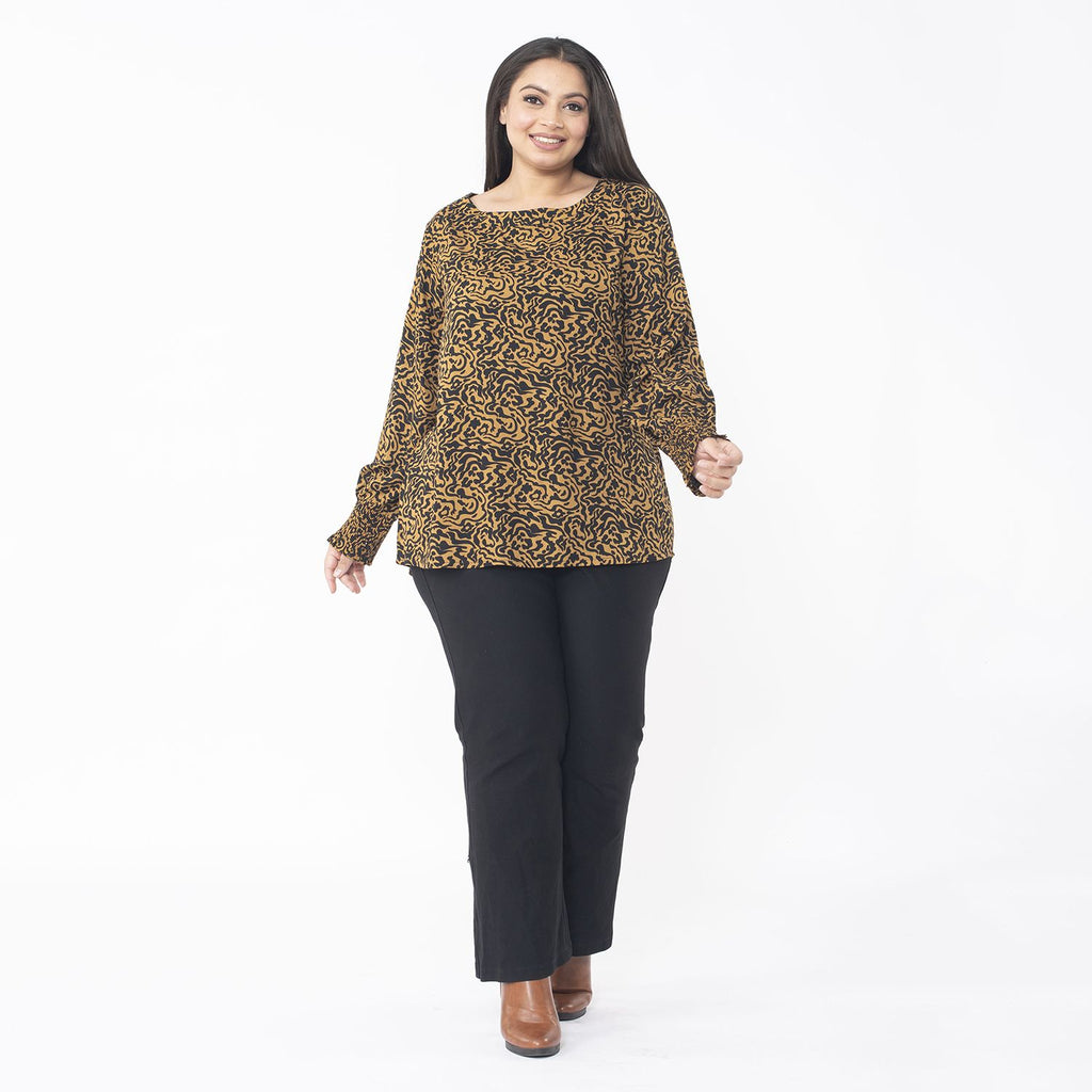 Tamsy 100% Viscose Animal Seamless Printed Top with smocking elastic sleeve opening (Size L, 16 to 18) - Brown_7667326
