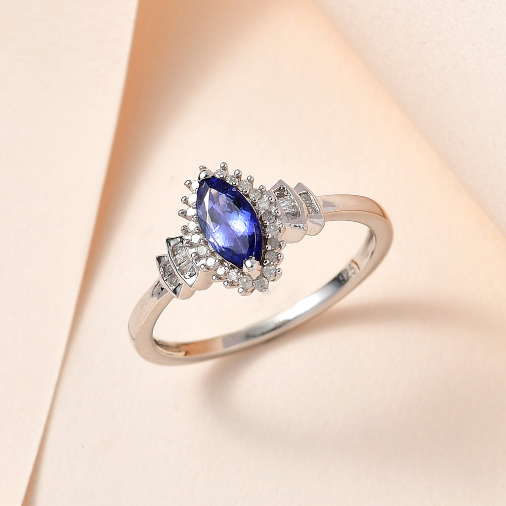 Tanzanite & Natural Diamond Halo Ring in Platinum Overlay Sterling Silver 1.02 Ct._7668328_1