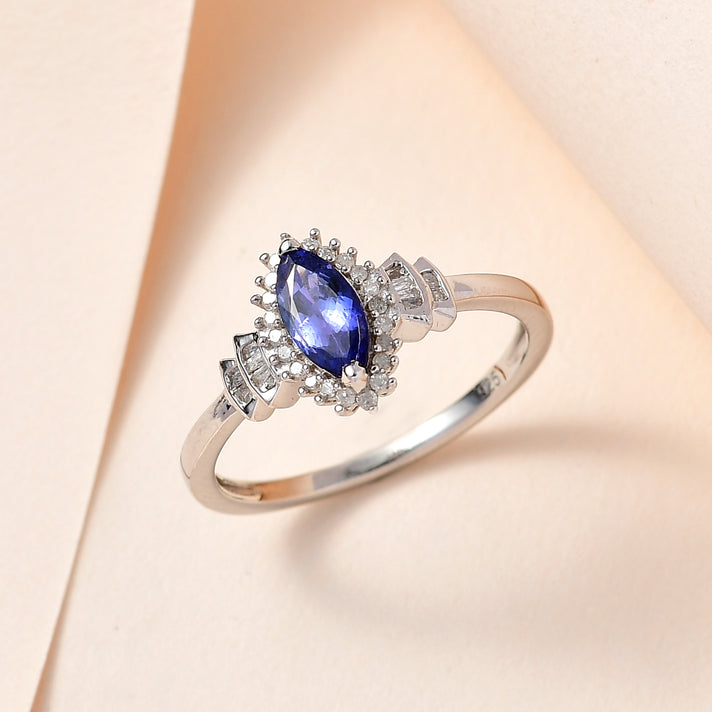 Tanzanite, Diamond Halo Ring in Platinum Overlay Sterling Silver 7668328 2