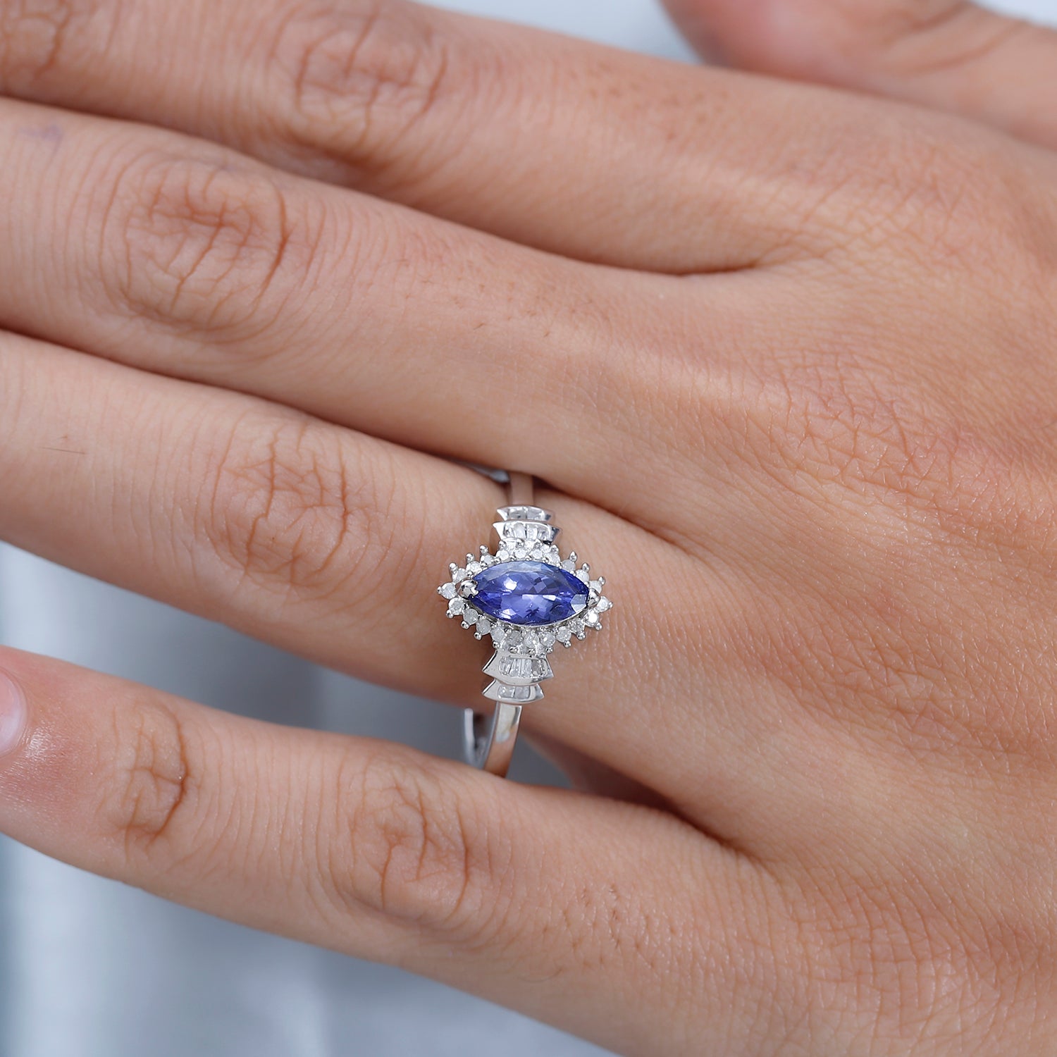 Tanzanite, Diamond Halo Ring in Platinum Overlay Sterling Silver 7668328 3